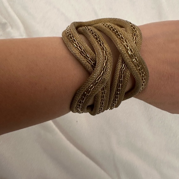 Vintage Gold Tone Mesh And Rhinestone Braided Bracelet - Picture 8 of 11